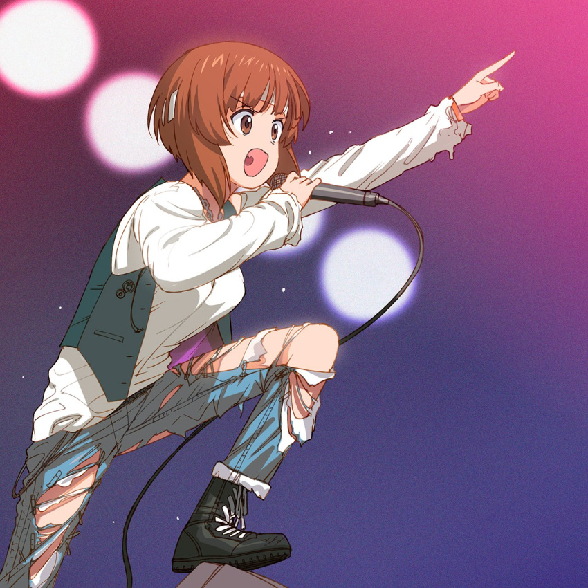 1girl, a1, bangs, black_footwear, black_vest, boots, brown_eyes, brown_hair