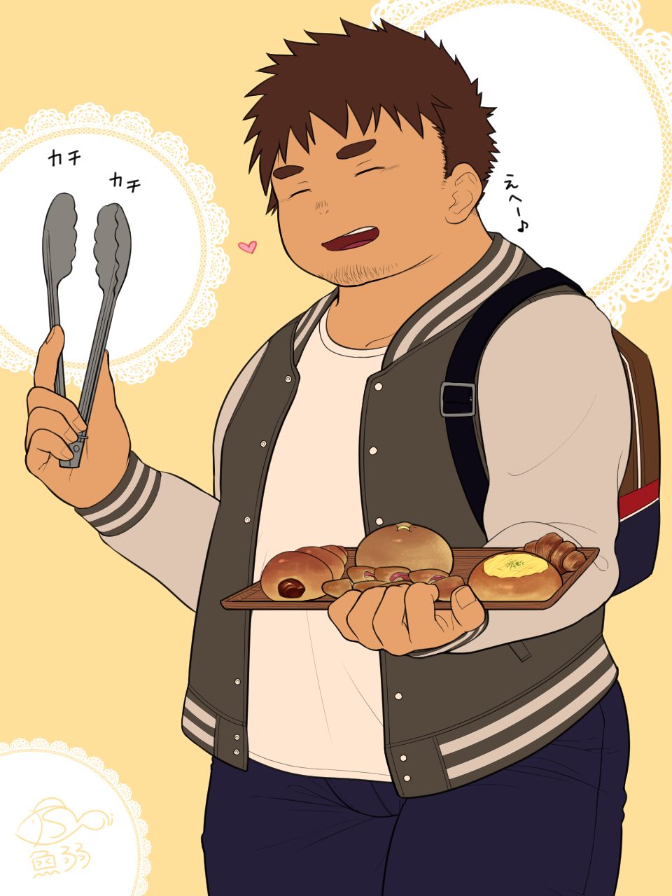 1boy, bag, brown_hair, commentary_request, dessert, facial_hair, fat, food