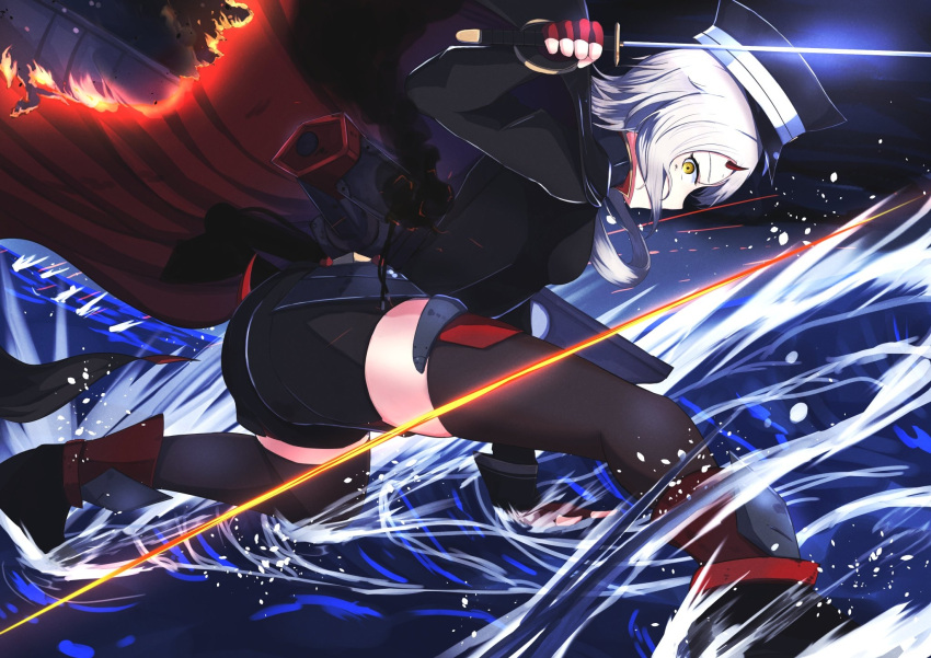 1girl, azur_lane, black_cape, black_headwear, black_legwear, black_shirt, black_shorts, burning_clothes