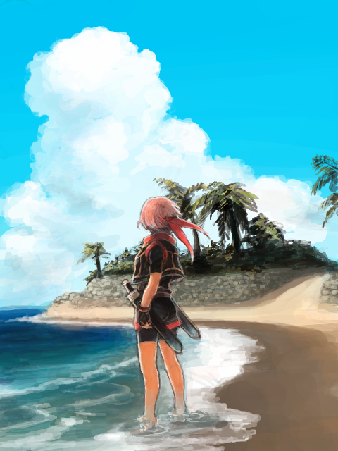 1boy, beach, black_gloves, black_shorts, black_vest, blue_sky, bodystocking, clouds
