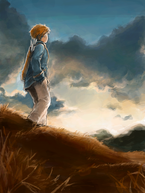 1boy, arrow_(projectile), blue_shirt, brown_hair, clouds, day, field, from_side