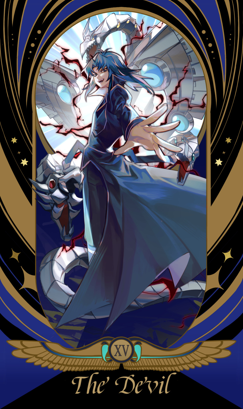 1boy, absurdres, blue_hair, border, coat, cyber_end_dragon, duel_academy_uniform_(yu-gi-oh!_gx), duel_monster