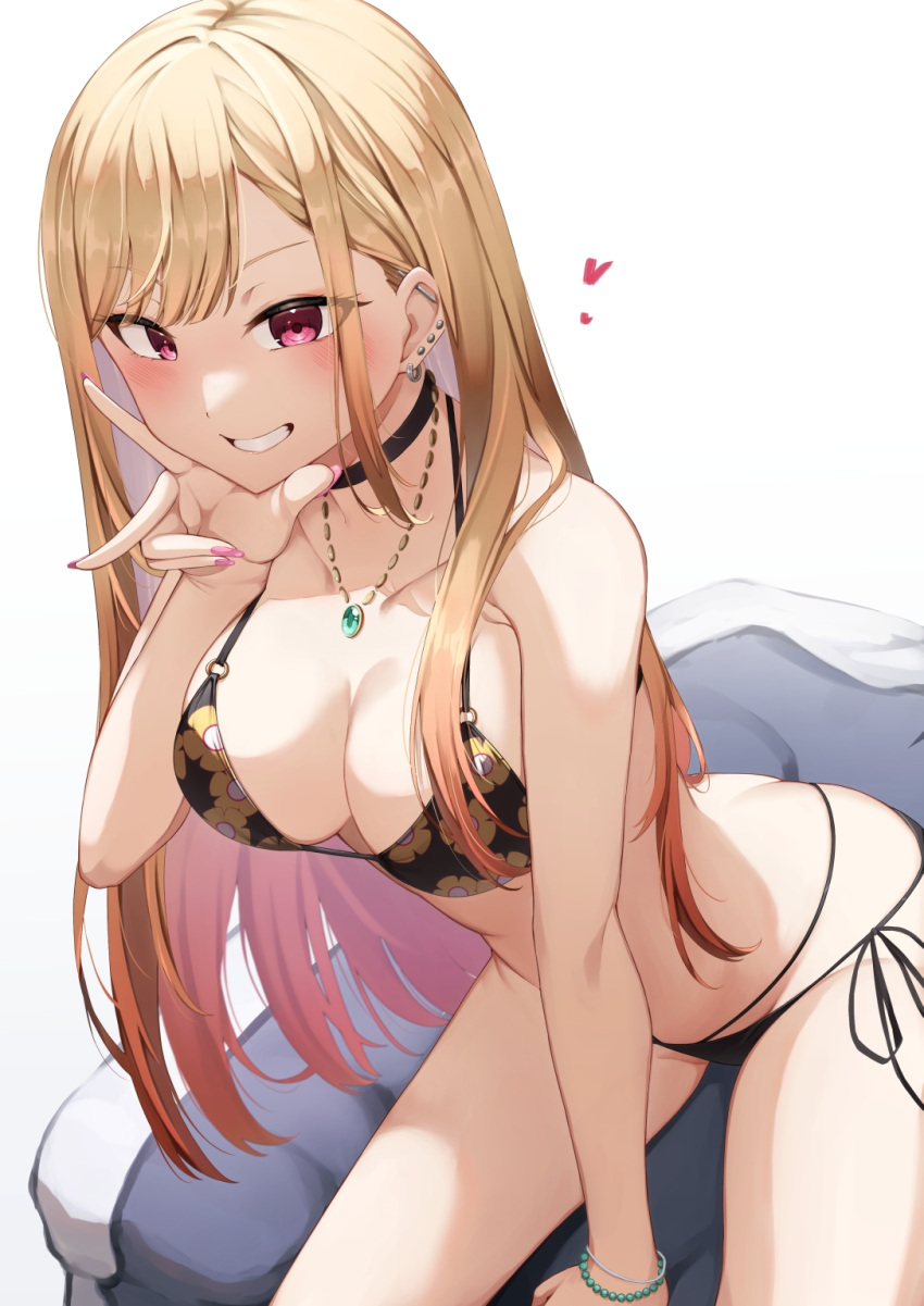 1girl, arched_back, backlighting, bangs, between_legs, bikini, black_bikini, black_choker