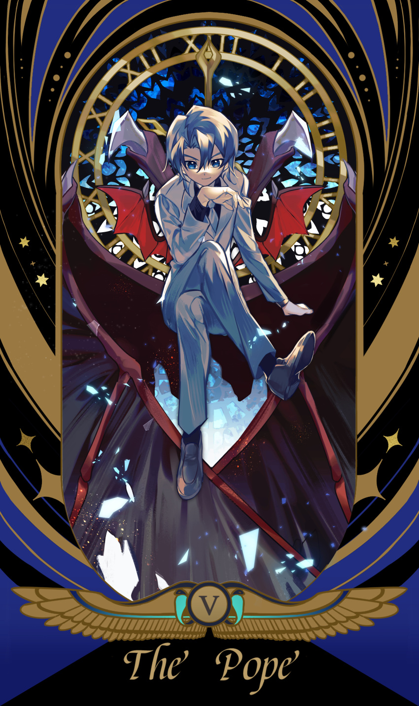 1boy, absurdres, blue_eyes, border, clock_tower_prison, crossed_legs, demon_wings, destiny_hero_-_plasma, duel_monster, edo_phoenix, english_text, formal, full_body, hair_between_eyes, highres, male_focus, necktie, revision, roman_numeral, short_hair, silver_hair, sitting, smirk, smug, solo_focus, ssbaby, suit, tarot, the_hierophant_(tarot), white_necktie, white_suit, wings, yu-gi-oh!, yu-gi-oh!_gx