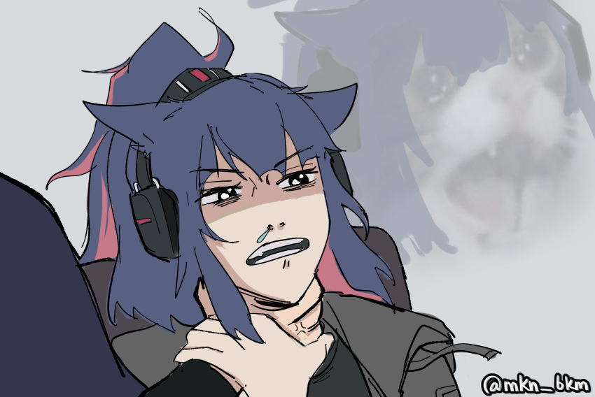 2girls, anger_vein, arknights, bakmi_(mkn_bkm), black_eyes, black_shirt, blue_hair, cat