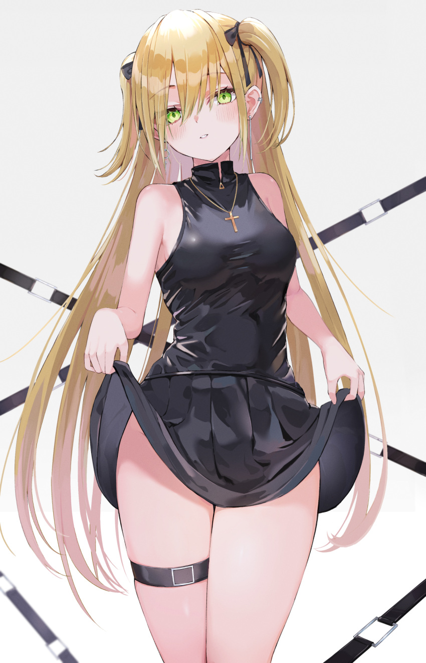 1girl, akie_(44265104), bangs, bare_arms, black_bow, black_shirt, black_skirt, blonde_hair