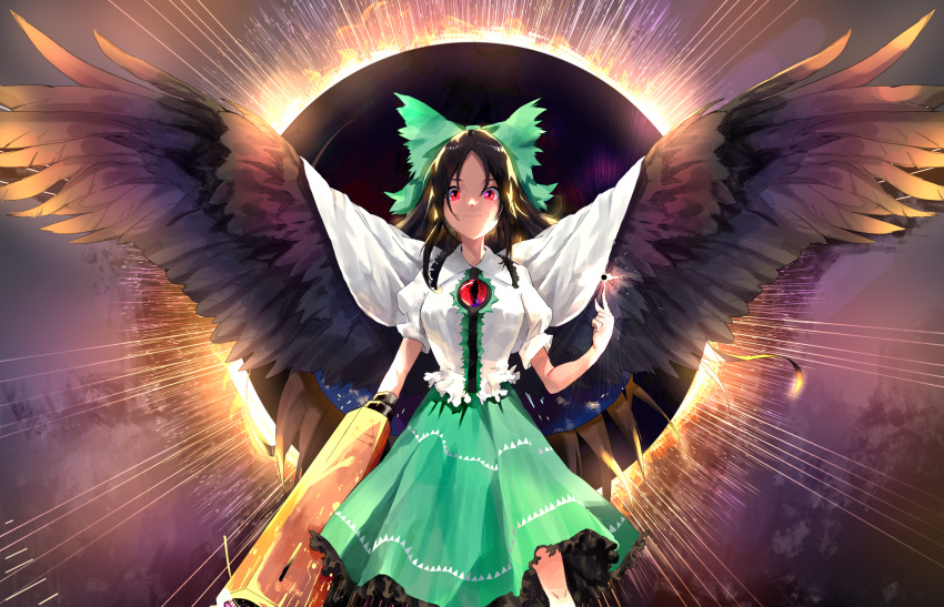 1girl, amano_kokoko, arm_cannon, bangs, bird_wings, black_hair, black_hole, black_wings
