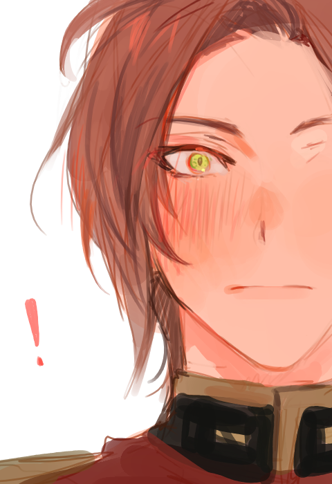 !, 1boy, blush, collared_shirt, frown, green_eyes, krom_ledios, krom_ledios_(fire)