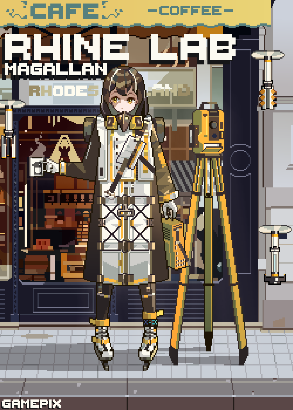 1girl, ankleband, arknights, brown_coat, brown_hair, character_name, coat, coffee_mug