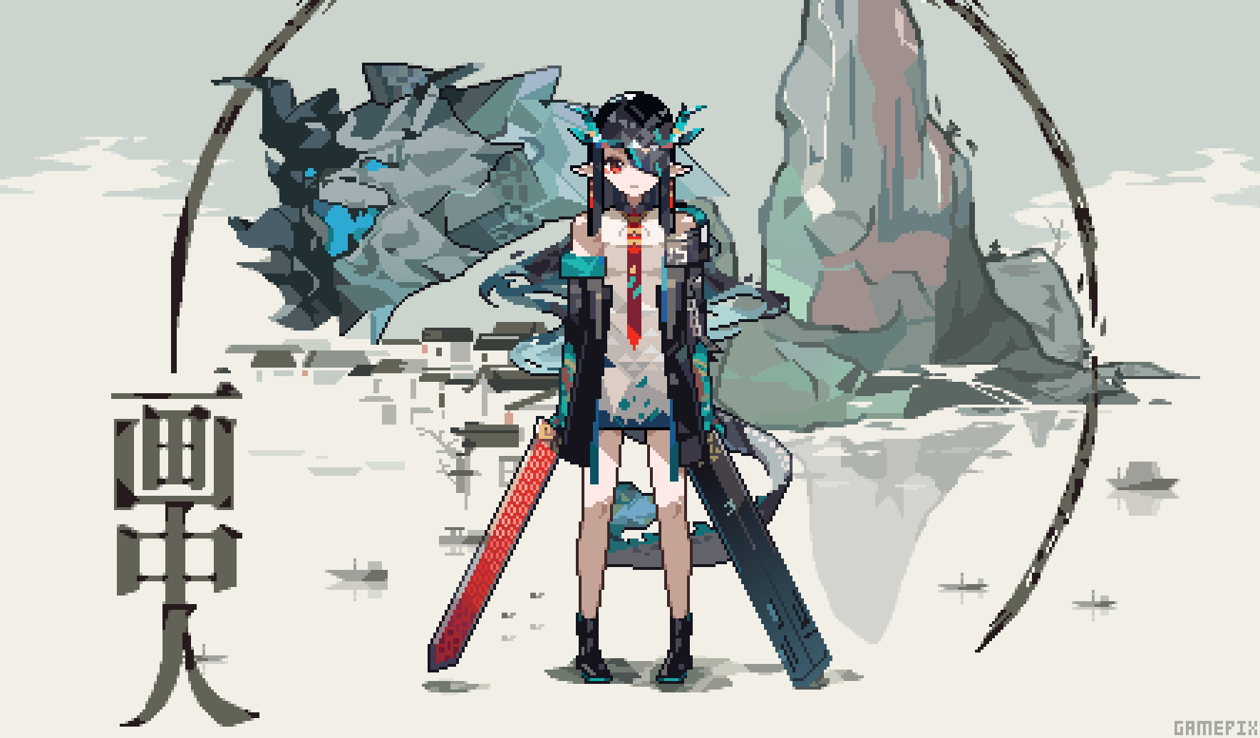 'free'_(arknights), 1girl, arknights, arm_tattoo, bare_shoulders, black_collar, black_footwear, black_hair