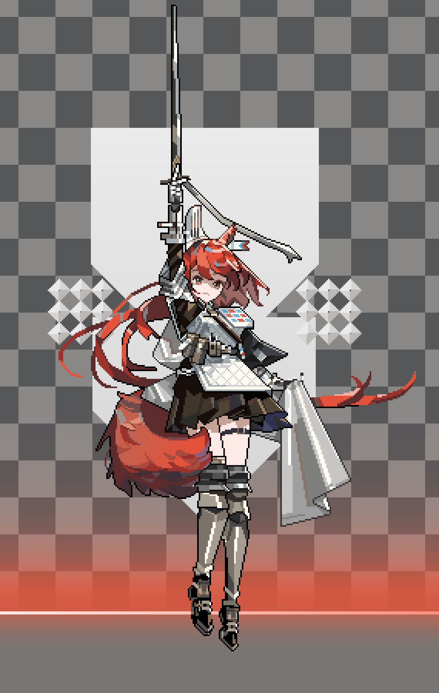 1girl, animal_ears, arknights, armor, armored_boots, black_skirt, boots, brown_eyes
