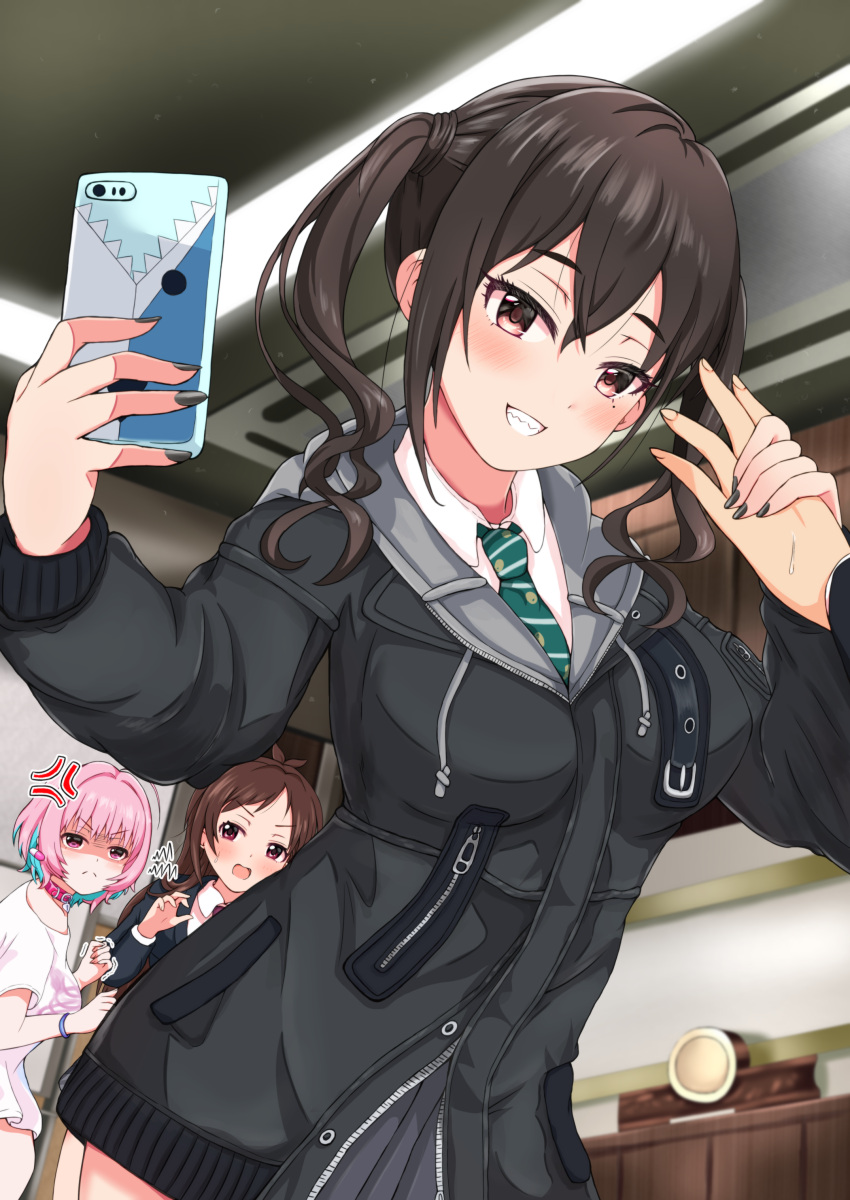 3girls, absurdres, ahoge, anger_vein, bangs, black_hair, black_nails, blazer