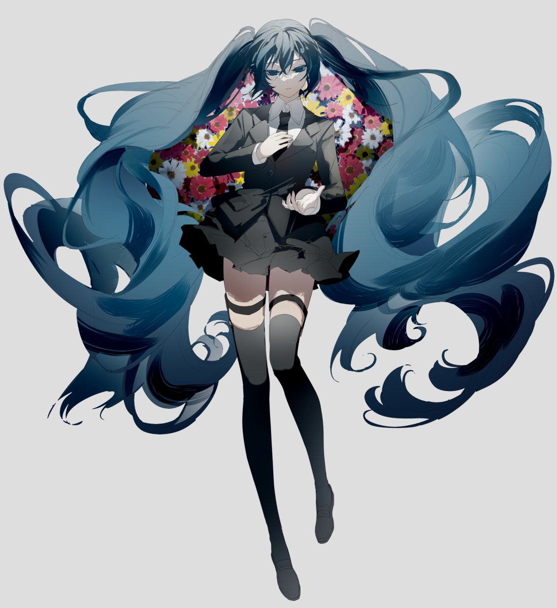 1girl, aqua_eyes, aqua_hair, black_clothes, black_footwear, black_legwear, black_necktie, blank_stare