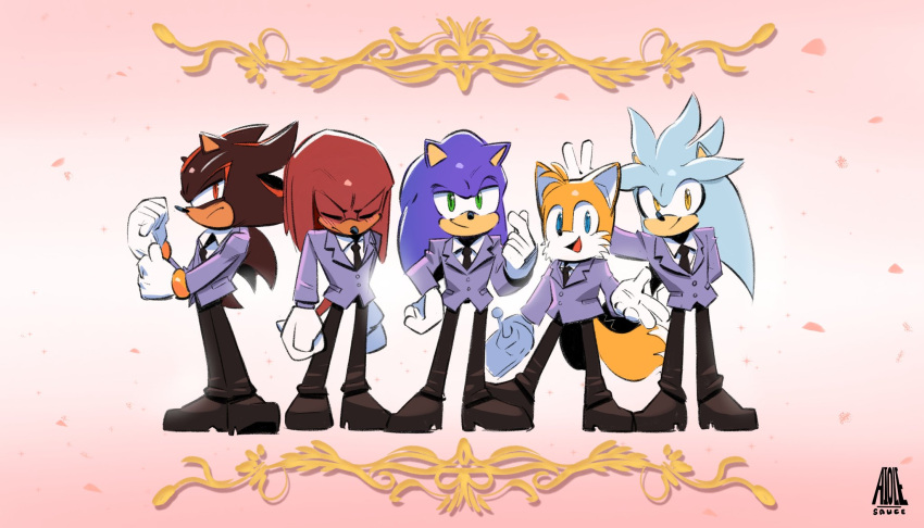 5boys, :d, aioles, blue_eyes, bunny_ears_prank, closed_mouth, cosplay, crossover