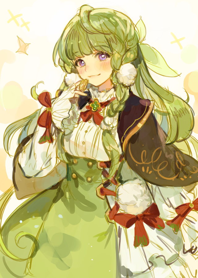 1girl, blush, bow, breasts, cannae_le_fey, dress, green_hair, hair_bow