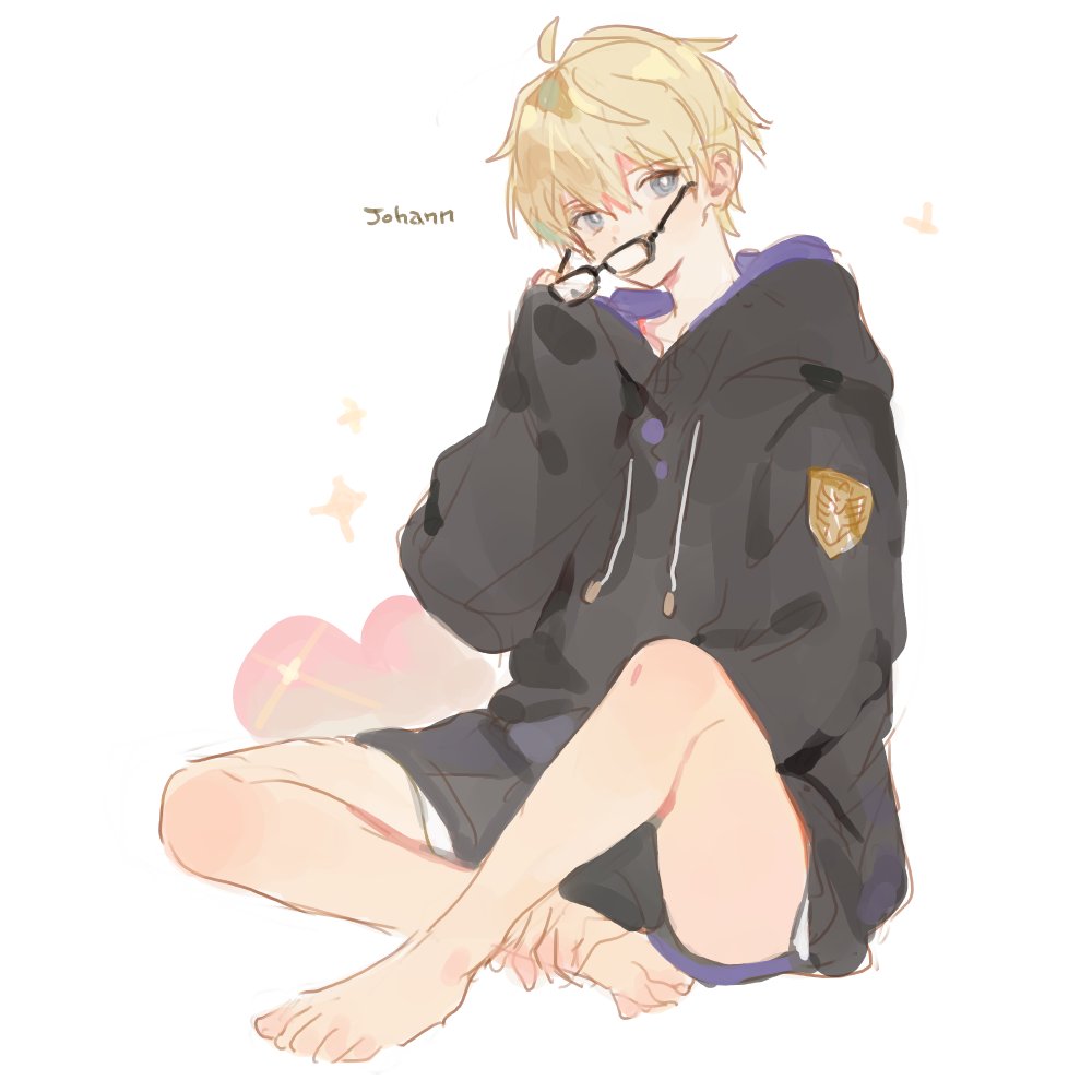 1boy, blonde_hair, blue_eyes, full_body, glasses, hood, hood_down, jacket