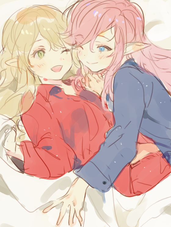 2girls, blonde_hair, blue_eyes, blush, charlotte_grace, charlotte_grace_(earth), green_eyes, kuzuvine