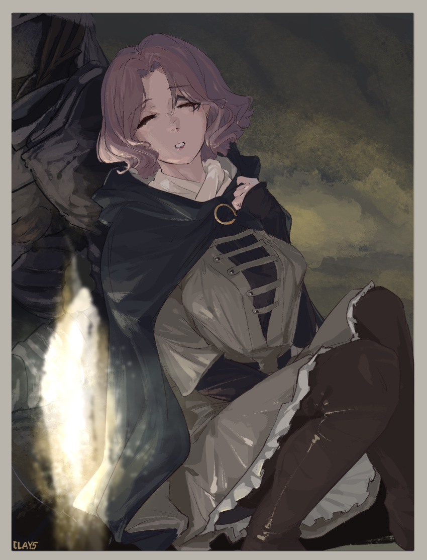 1girl, 1other, absurdres, ambiguous_gender, armor, artist_name, bangs, black_sleeves, blue_cloak, border, brown_hair, brown_legwear, clays_(clayschan), cloak, closed_eyes, commentary_request, dress, elden_ring, eyebrows_visible_through_hair, facial_tattoo, forehead, frilled_dress, frills, grey_border, grey_dress, highres, hood, hood_down, hooded_cloak, lips, long_sleeves, melina_(elden_ring), mixed-language_commentary, pantyhose, parted_bangs, pink_lips, short_hair, sleeping, sleeping_on_person, sleeping_upright, sleeves_past_wrists, solo_focus, tarnished_(elden_ring), tattoo, wavy_hair