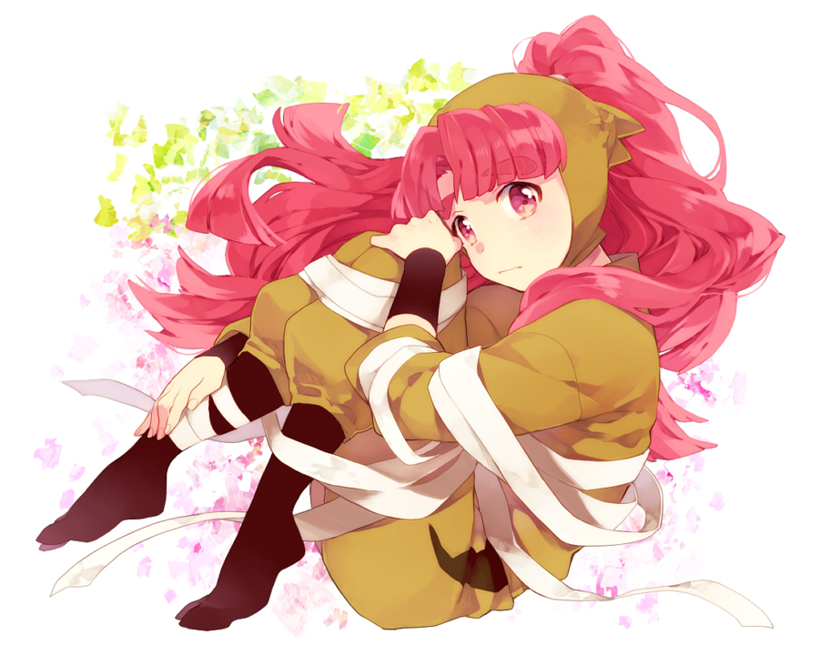 1boy, bandages, black_legwear, entangled, floating, floating_hair, from_side, frown, full_body, green_pants, hand_on_own_knee, hand_on_own_leg, head_scarf, knees_up, lilypapi, long_hair, long_sleeves, looking_at_viewer, looking_to_the_side, male_focus, ninja, no_shoes, pants, pink_eyes, pink_hair, plantar_flexion, ponytail, rakudai_ninja_rantarou, sannanda_kazuma, solo, tabi, white_background, worried, wristband