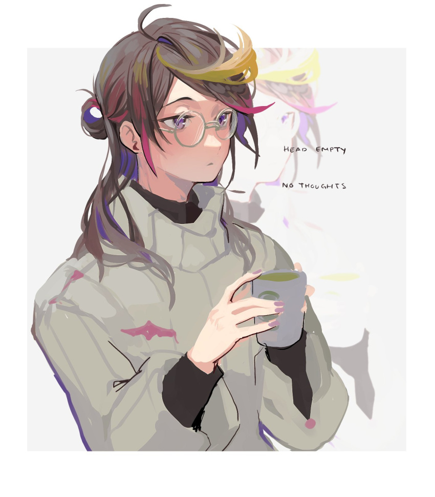 1boy, alternate_costume, cup, english_text, euphie_vt, glasses, grey_sweater, hair_behind_ear, highres, holding, holding_cup, looking_ahead, meme, multicolored_hair, nijisanji, nijisanji_en, no_thoughts_head_empty, orange_hair, pink_hair, round_eyewear, shu_yamino, solo, streaked_hair, sweater, turtleneck, turtleneck_sweater, upper_body, virtual_youtuber