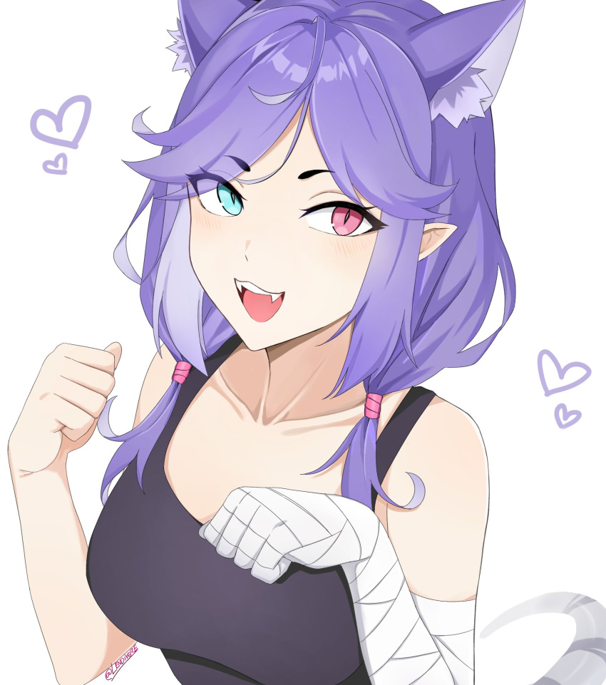 1girl, animal_ears, bandaged_hand, bandages, black_tank_top, blue_eyes, breasts, cat_ears