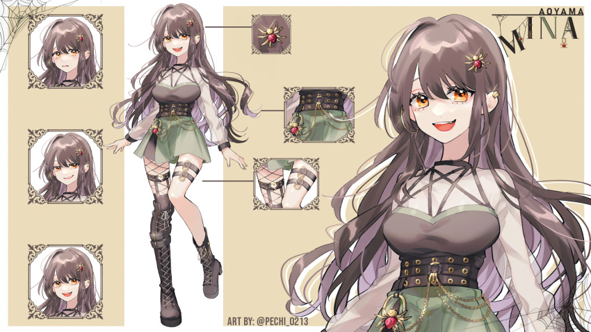 1girl, asymmetrical_footwear, belt, black_belt, black_footwear, boots, breasts, brown_hair, character_name, character_sheet, english_commentary, fangs, fishnets, green_skirt, hair_behind_ear, highres, indie_virtual_youtuber, large_breasts, mina_aoyama, mismatched_footwear, open_mouth, orange_eyes, pecchii, second-party_source, single_thigh_boot, skirt, smile, smirk, solo, spider_hair_ornament, thigh-highs, thigh_boots, thigh_strap, virtual_youtuber, worried