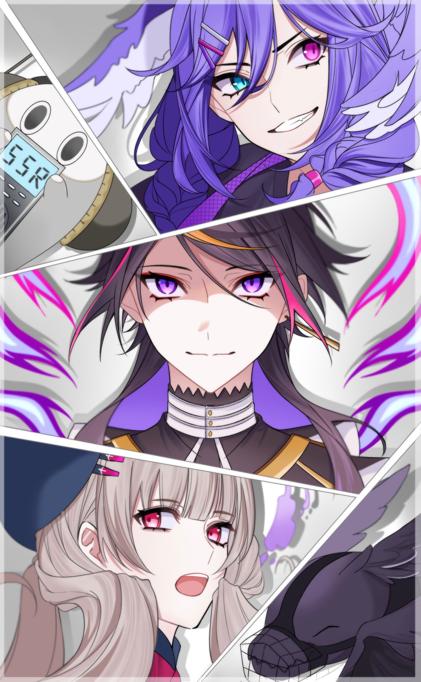 1boy, 2girls, absurdres, black_headwear, black_sweater, blue_eyes, braid, dragon, ember_(selen_tatsuki), eyebrows_visible_through_hair, ghost, grey_hair, hair_behind_ear, head_wings, heterochromia, highres, kitto_(kito_saku112), lanyard, looking_at_viewer, looking_to_the_side, medium_hair, multiple_girls, muzzle, nijisanji, nijisanji_en, poppi_(reimu_endou), purple_hair, reimu_endou, selen_tatsuki, shaded_face, shu_yamino, smile, sweater, twin_braids, violet_eyes, virtual_youtuber