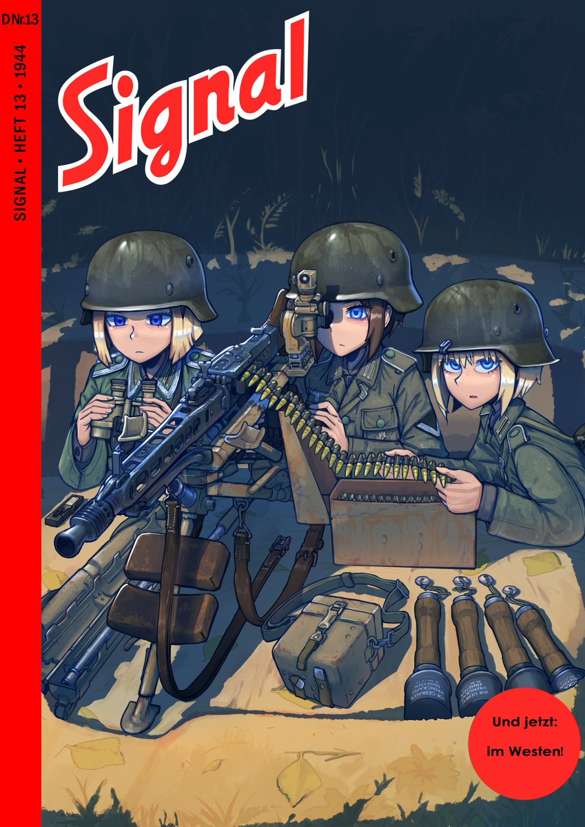 ammunition, ammunition_belt, belt_feed, blonde_hair, erica_(naze1940), explosive, grenade, gun