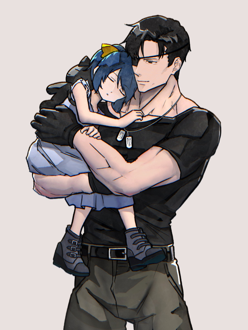 1boy, 1girl, black_hair, black_shirt, blue_hair, chile, dog_tags, dress