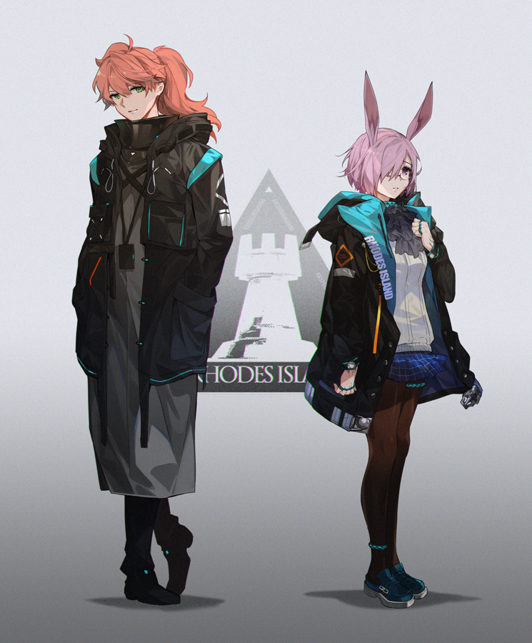 1boy, 1girl, amiya_(arknights), amiya_(arknights)_(cosplay), anklet, arknights, black_jacket, black_legwear