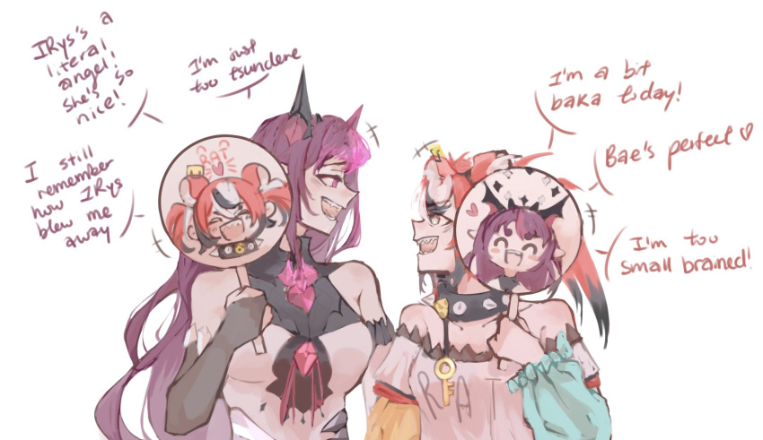 animal_ears, black_hair, blue_eyes, english_text, hakos_baelz, heterochromia, highres, hololive, hololive_english, horns, irys_(hololive), long_hair, mouse_ears, mouse_girl, multicolored_hair, multiple_girls, pointy_ears, purple_hair, redhead, sevfen, streaked_hair, twintails, virtual_youtuber, white_hair, wings