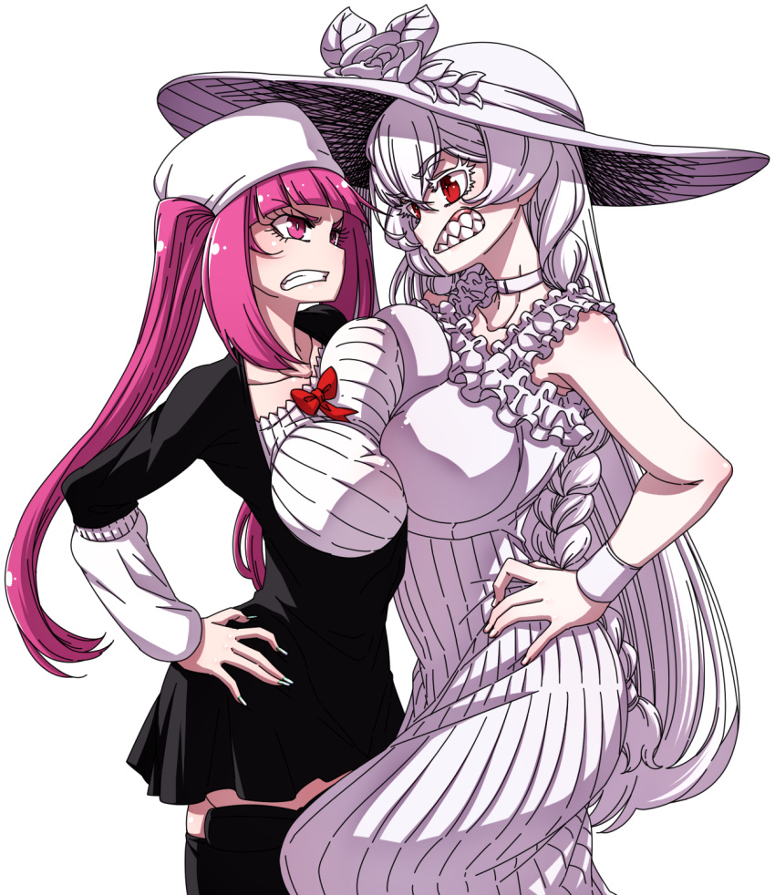 2girls, bleach, braid, crossover, dokugamine_riruka, dress, hanya_(hanya_yashiki), hat