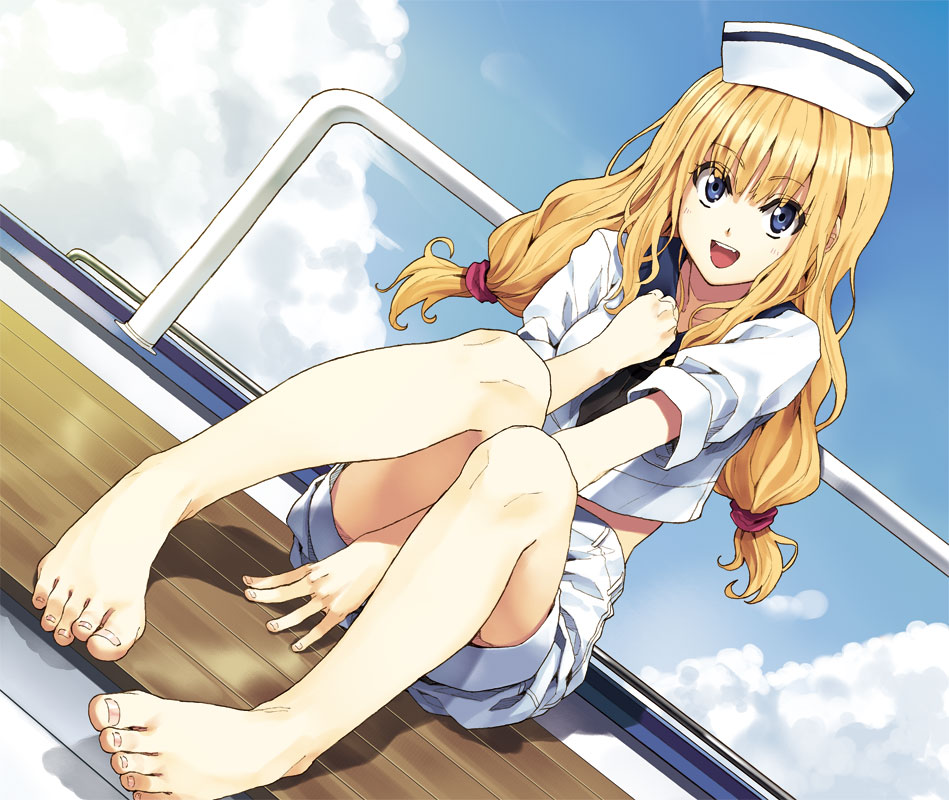 between_legs, blonde_hair, blue_eyes, dutch_angle, feet, hand_between_legs, hat, open_mouth, original, runa, sailor, sailor_hat, shorts, sitting, smile, solo, toenails, twintails