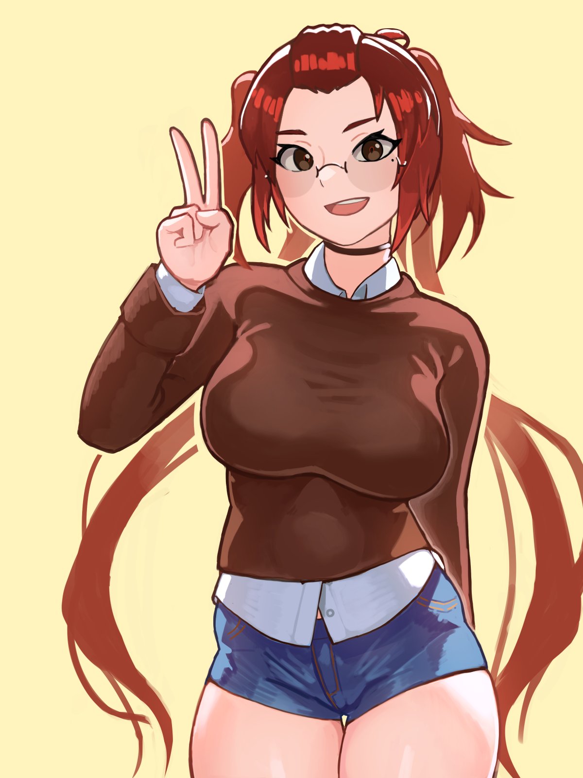 1girl, arm_behind_back, beige_background, black-framed_eyewear, brown_choker, brown_eyes, choker, commission