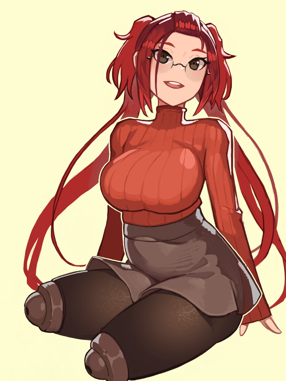 1girl, amputee, beige_background, black-framed_eyewear, brown_legwear, brown_skirt, commission, glasses