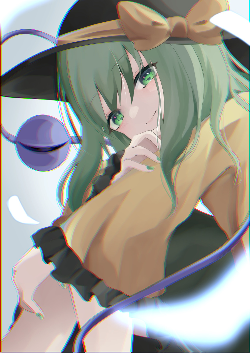 1girl, absurdres, black_headwear, blouse, blush, chromatic_aberration, closed_mouth, commentary_request