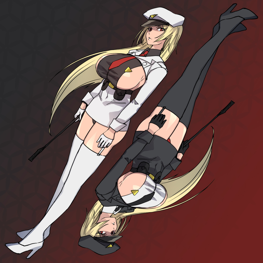 2girls, black_headwear, black_legwear, black_necktie, black_panties, blonde_hair, breasts, cocopeace
