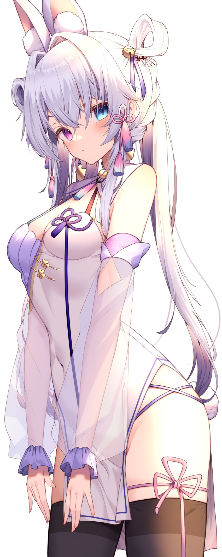 1girl, absurdres, animal_ears, bangs, bell, black_legwear, blue_eyes, blush