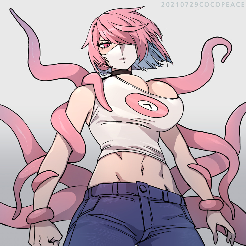 1girl, absurdres, artist_name, blue_pants, borrowed_character, breasts, bursting_breasts, choker, cocopeace, dated, gradient, gradient_background, groin, hair_over_one_eye, highres, large_breasts, mask, midriff, mouth_mask, navel, overmind_(starcraft), pants, personification, pink_eyes, pink_hair, short_hair, solo, starcraft, tank_top, tentacles, upper_body
