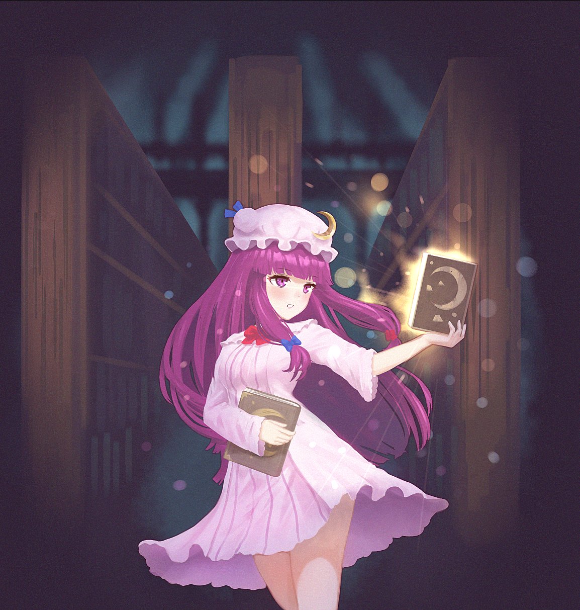 1girl, bangs, book, bow, glowing, hair_bow, hexunart, highres
