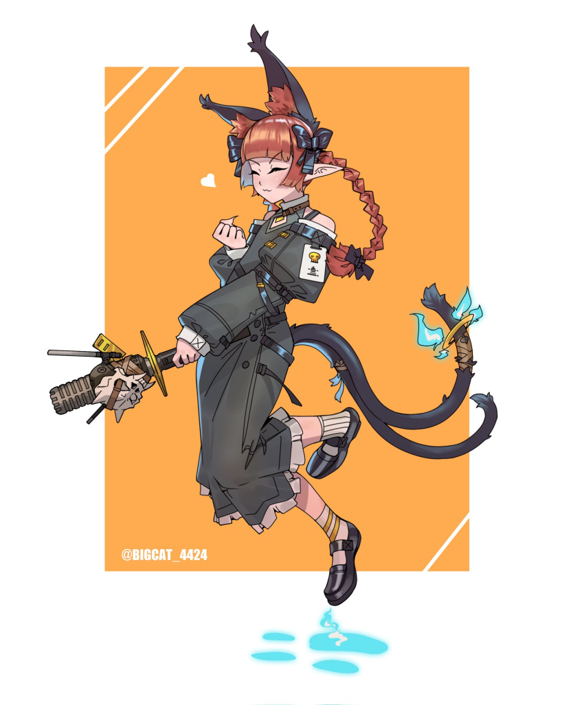 1girl, :3, adapted_costume, alternate_costume, animal_ear_fluff, animal_ears, bangs, bare_shoulders, bigcat_114514, black_bow, black_footwear, blue_fire, blunt_bangs, blush, border, bow, braid, cat_ears, cat_tail, clenched_hand, closed_eyes, closed_mouth, extra_ears, eyebrows_visible_through_hair, fire, floating, full_body, hair_bow, hand_up, heart, highres, holding, holding_weapon, kaenbyou_rin, long_hair, long_sleeves, mary_janes, multiple_tails, nekomata, orange_background, outside_border, pointy_ears, puffy_long_sleeves, puffy_sleeves, redhead, shoes, simple_background, skull, sleeves_past_wrists, solo, tail, touhou, twin_braids, twintails, two_tails, v-shaped_eyebrows, weapon, white_border