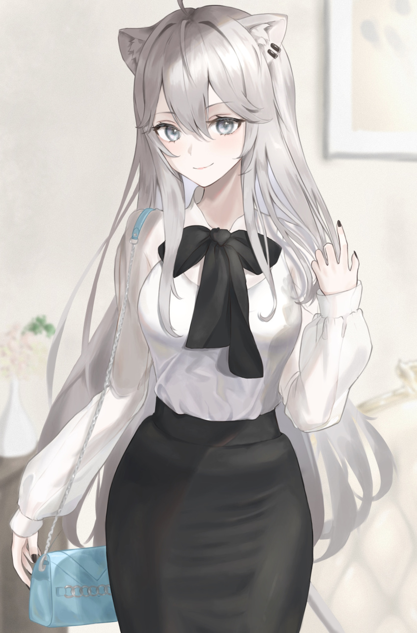 1girl, absurdres, ahoge, animal_ears, bag, bangs, black_skirt, breasts, casual, dizzygame5, ear_piercing, eyebrows_visible_through_hair, grey_eyes, grey_hair, hair_between_eyes, hand_up, highres, hololive, large_breasts, lion_ears, lion_girl, long_hair, long_sleeves, looking_at_viewer, piercing, shirt, shishiro_botan, shoulder_bag, sidelocks, skirt, smile, solo, very_long_hair, virtual_youtuber, white_shirt