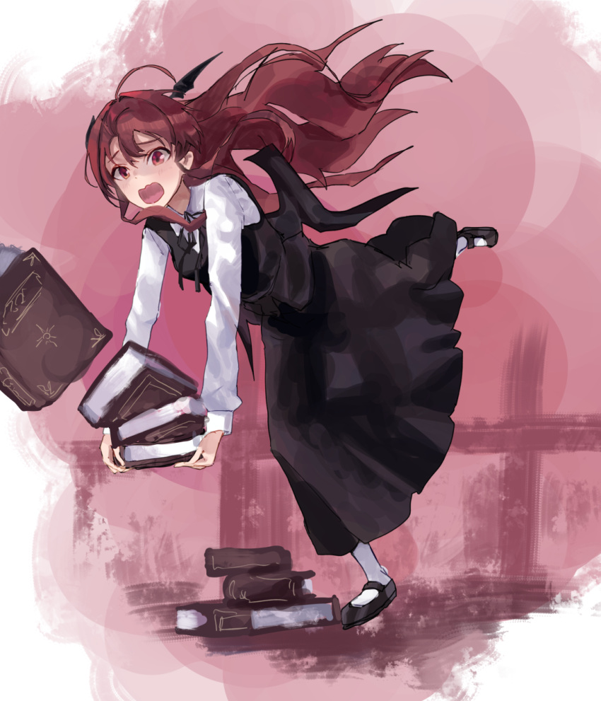 1girl, ahoge, amano_kokoko, bangs, bat_wings, black_skirt, black_vest, book
