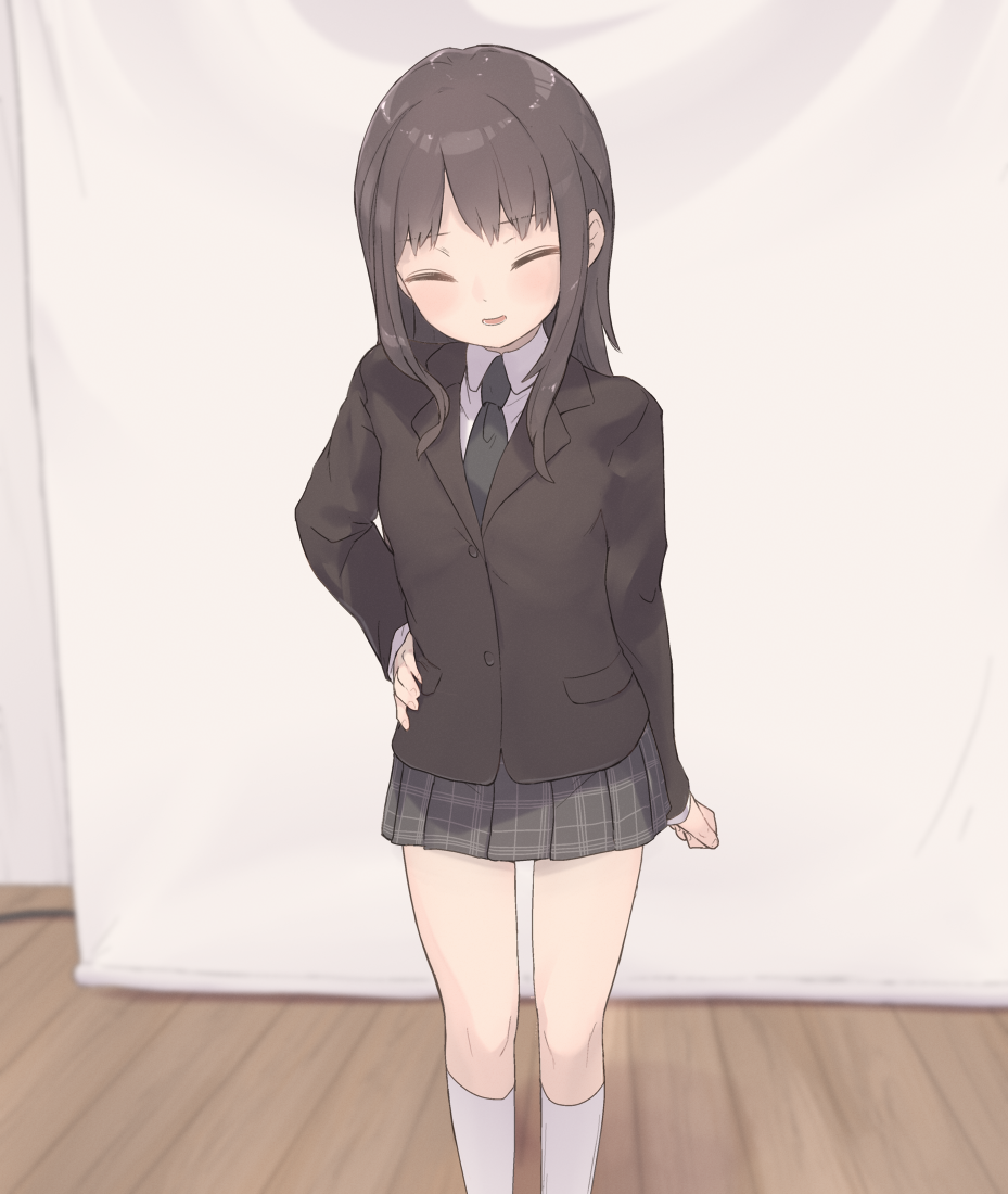1girl, ^_^, arm_at_side, bangs, blazer, blush, brown_hair, closed_eyes