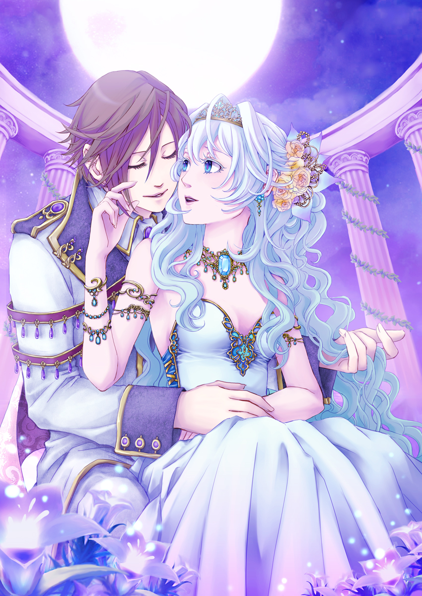 1boy, 1girl, architecture, bracelet, brown_hair, closed_eyes, column, couple, crown, greco-roman_architecture, hair_ornament, hetero, highres, hug, jewelry, long_hair, moon, necklace, original, pillar, princess, shikisenri, short_hair, tiara, white_hair