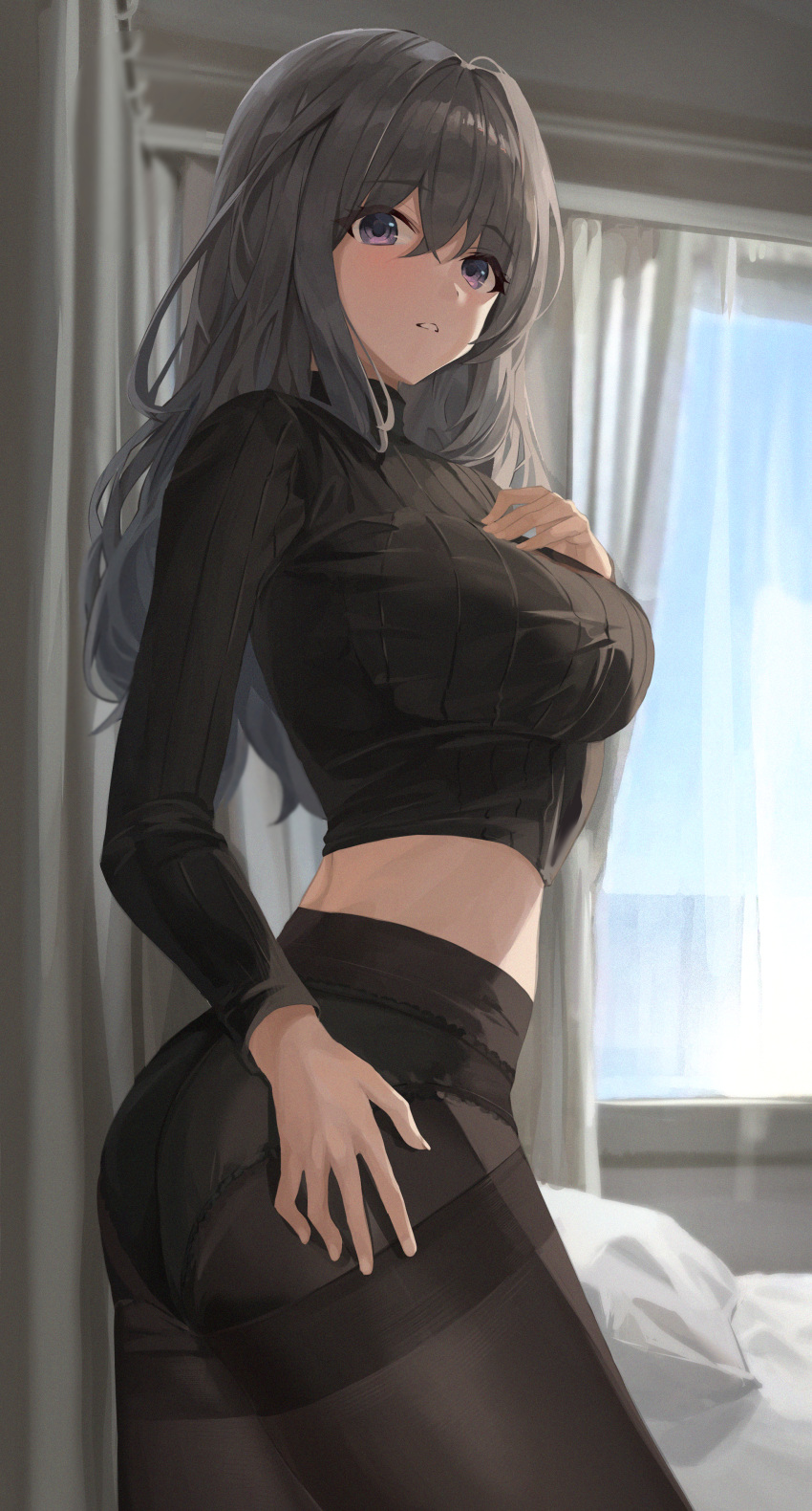 1girl, absurdres, ass, black_hair, black_legwear, black_panties, black_shirt, breasts