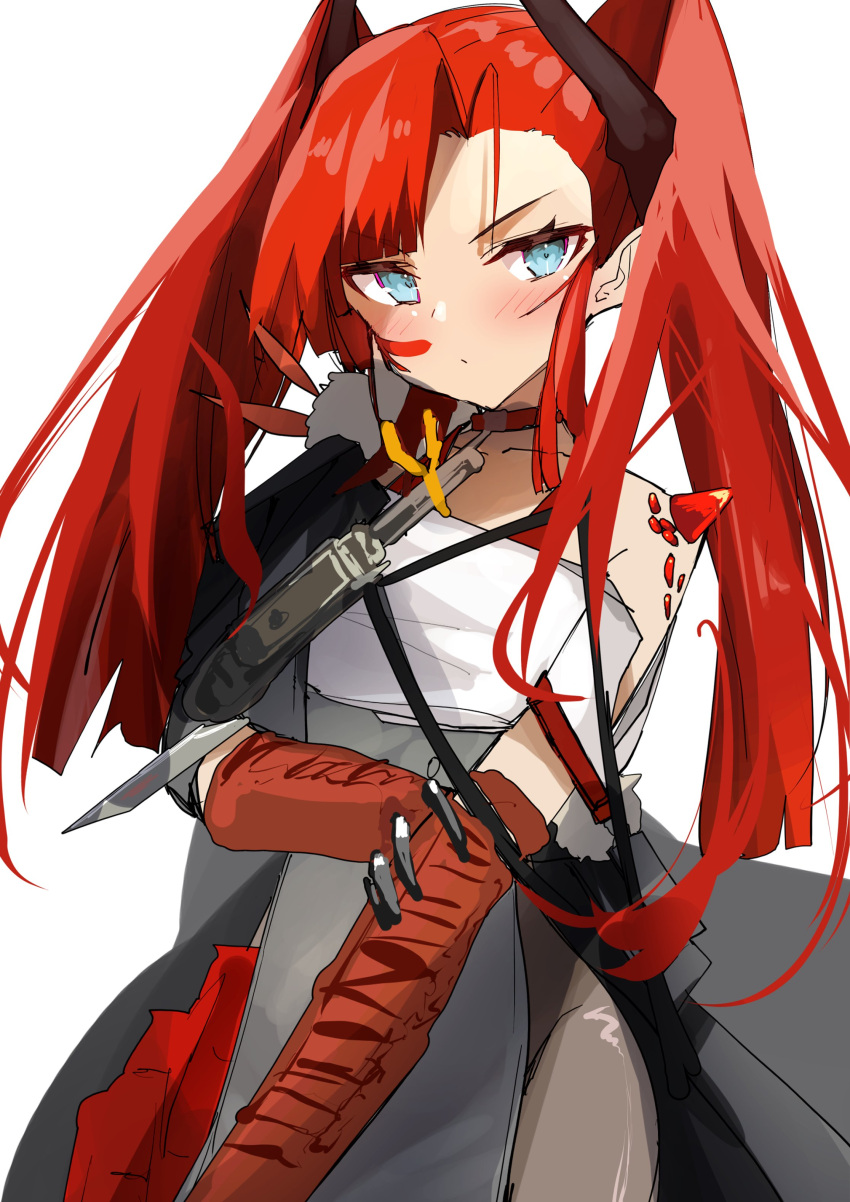 1girl, absurdres, arknights, blue_eyes, blush, choker, dragon_horns, highres