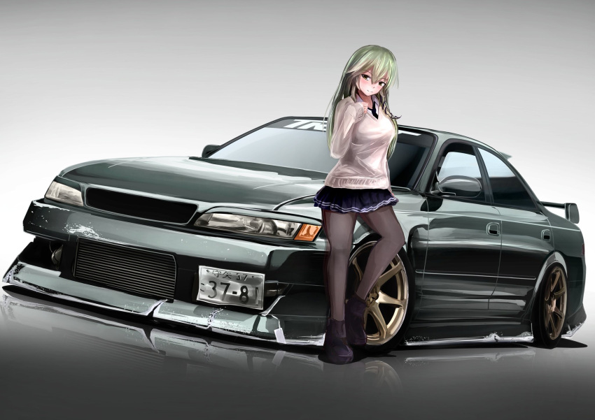 1girl, 3books, alternate_costume, black_necktie, black_neckwear, breasts, car, cardigan