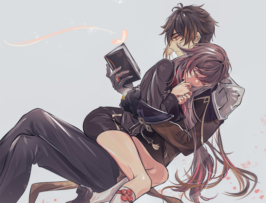 1boy, 1girl, bangs, black_gloves, black_nails, black_pants, book, bug