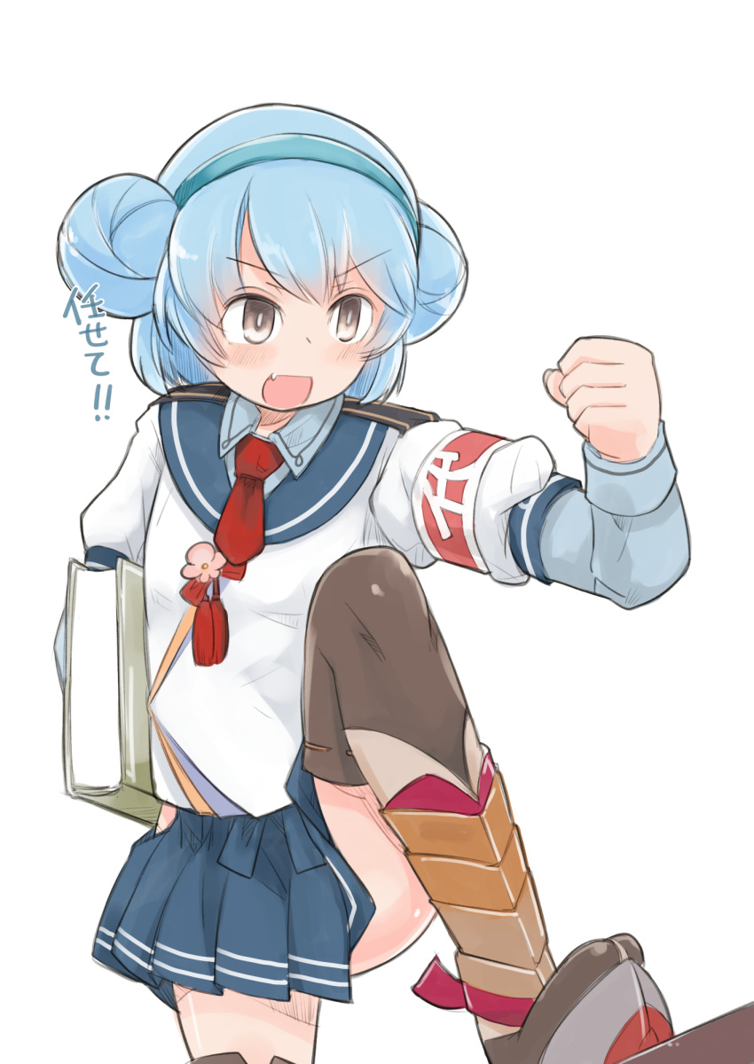 1girl, armband, blue_hair, blue_hairband, blue_skirt, brown_eyes, cosplay, double_bun
